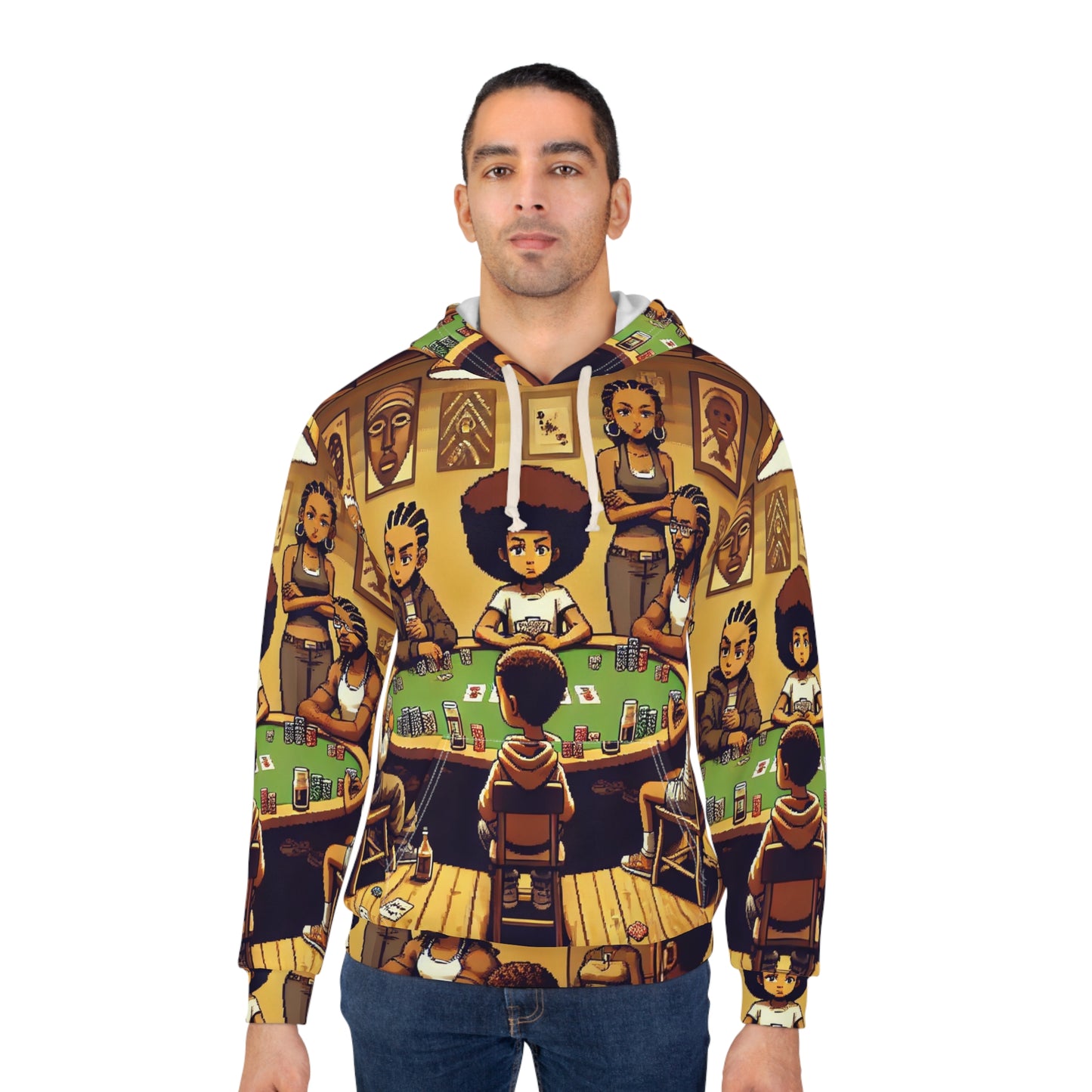 Family Poker Night Unisex Pullover Hoodie - Pixel Art Boondocks Themed AOP Hoodie