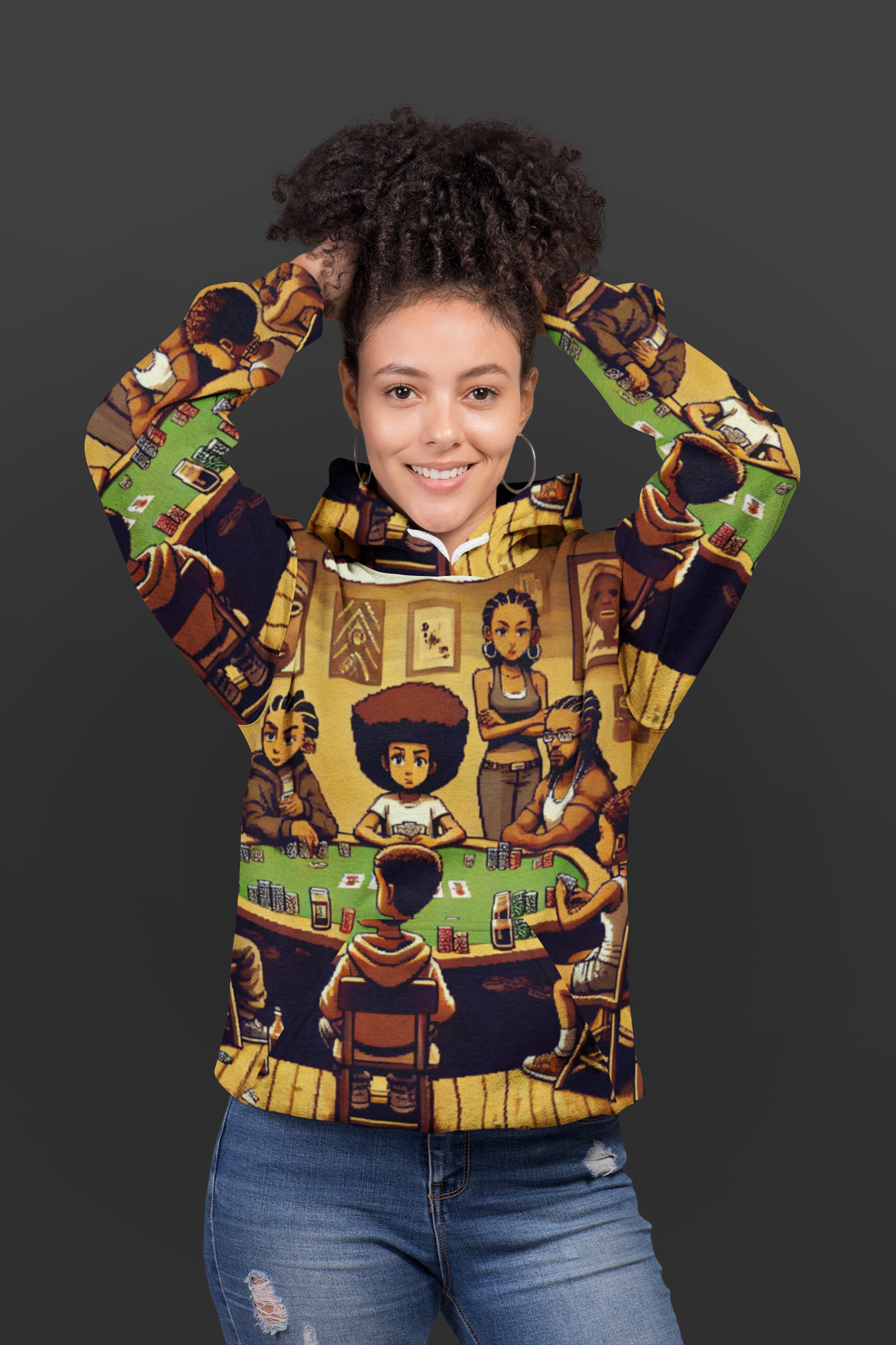 Family Poker Night Unisex Pullover Hoodie - Pixel Art Boondocks Themed AOP Hoodie