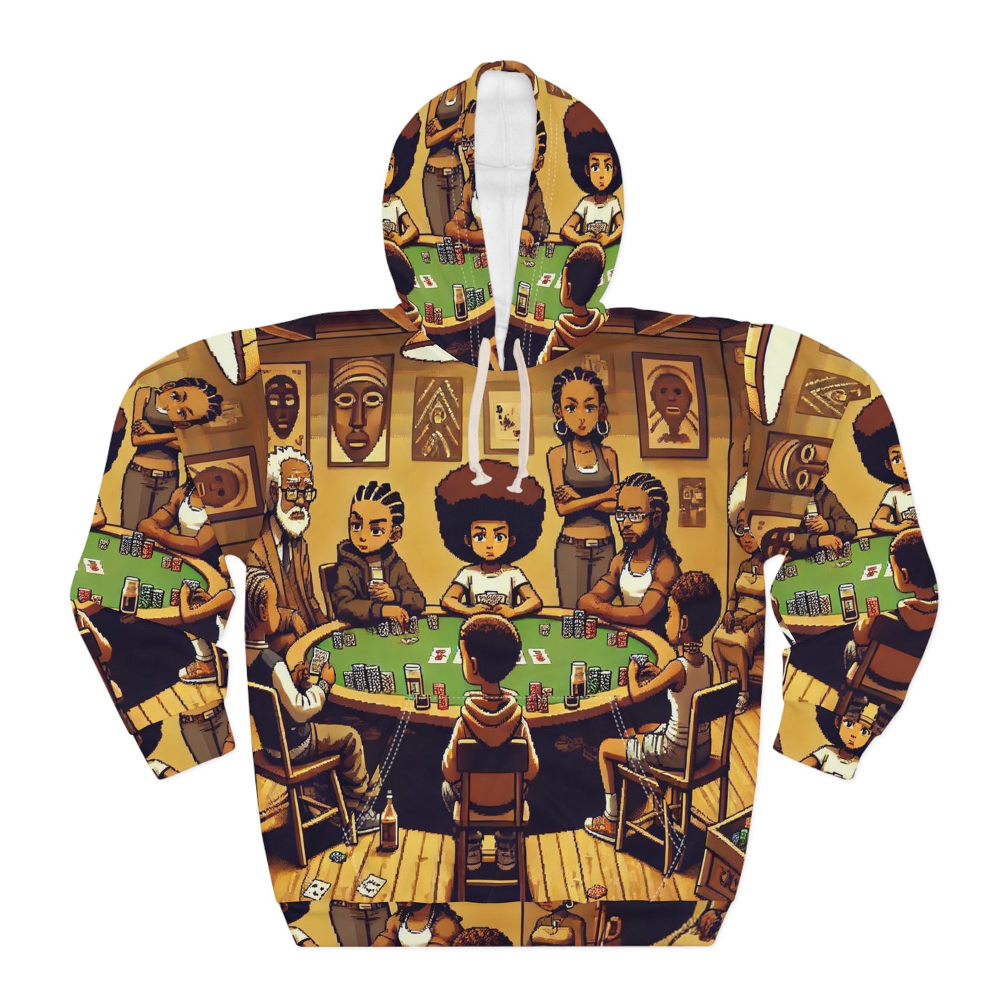 Family Poker Night Unisex Pullover Hoodie - Pixel Art Boondocks Themed AOP Hoodie
