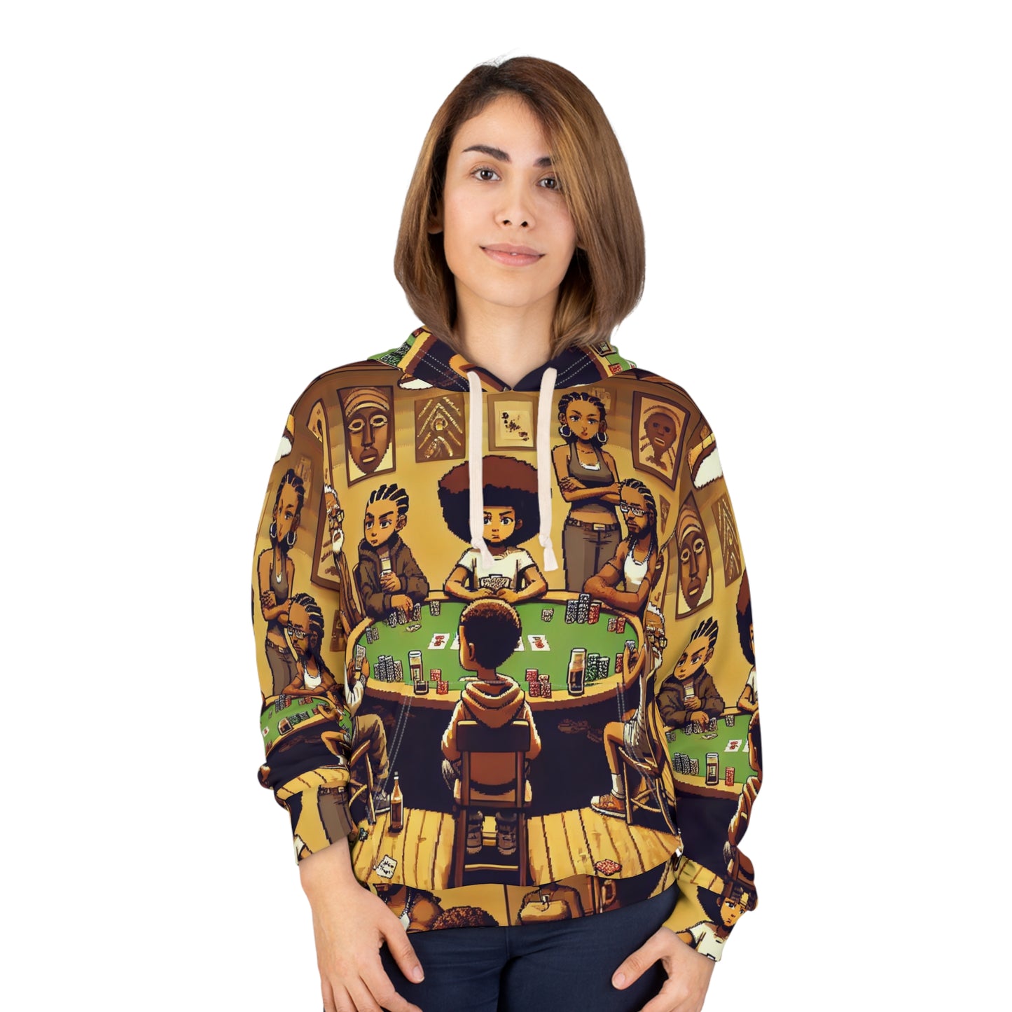 Family Poker Night Unisex Pullover Hoodie - Pixel Art Boondocks Themed AOP Hoodie